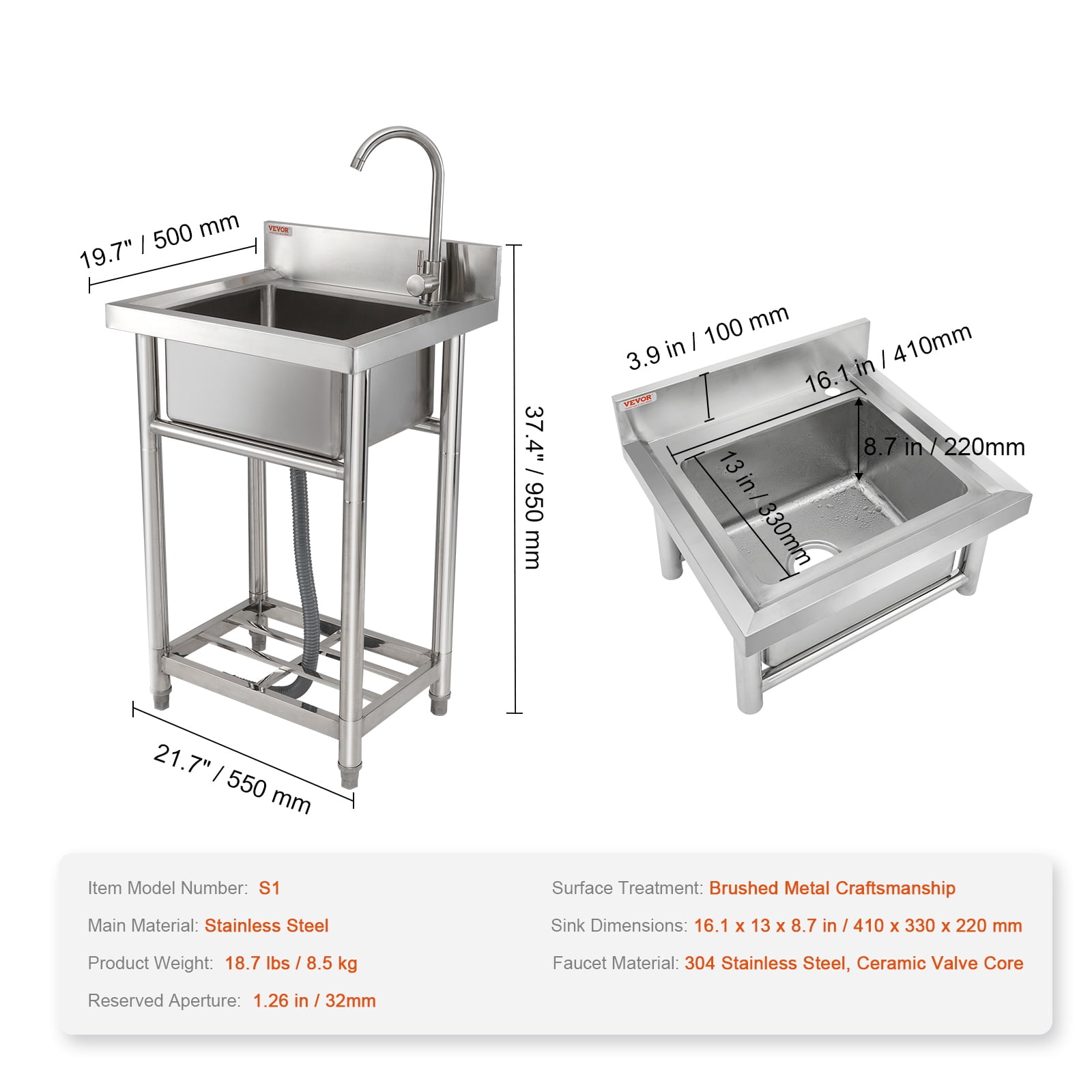 KFFKFF Commercial Utility & Prep Sink Single Bowl Sinks 21.7 x 19.7 x 37.4 in