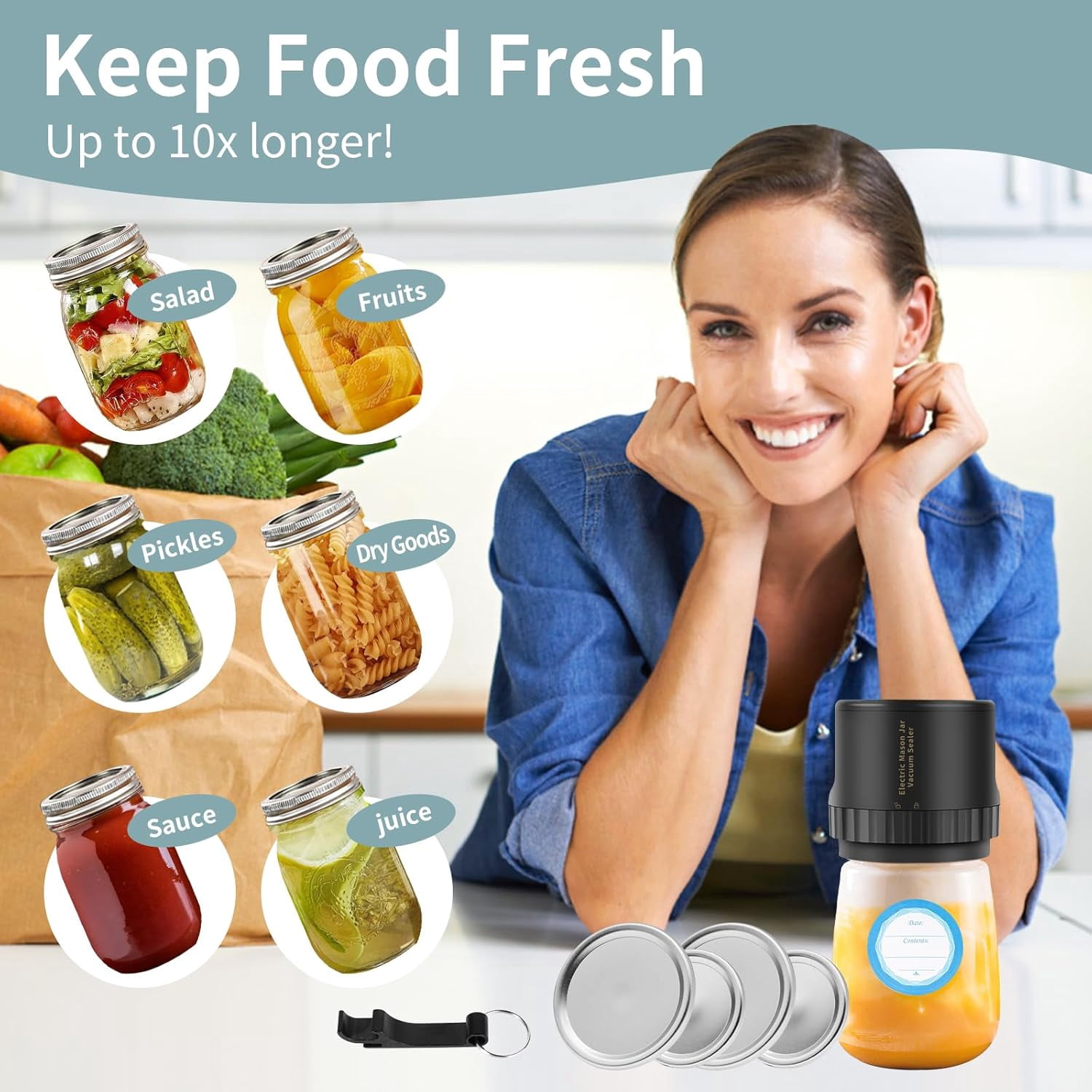 Vacuum Sealer Kit for Jars, Compatible with Wide & Regular Mouth, Food Storage Vacuum Sealing System for Dry & Liquid Foods