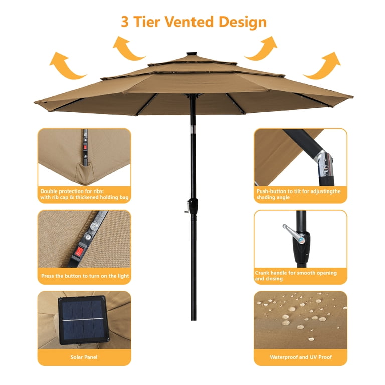 11 ft Solar LED Umbrella: 3 Tiers, Tilt & Crank, Waterproof Patio Market Umbrella for Garden - Walmart.com 11 ft Solar LED Umbrella: 3 Tiers, Tilt & Crank, Waterproof Patio Market Umbrella for Garden - Walmart.com