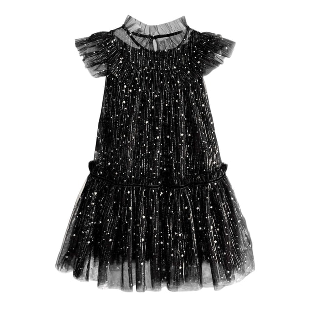 Rhuody Robe pour Filles Col Rond Tout-Petit Manches Volantées Étoile Lune Robe à Paillettes Danse Fête Volants Robe d'Été Tenue de Base Noir 8-9 Ans