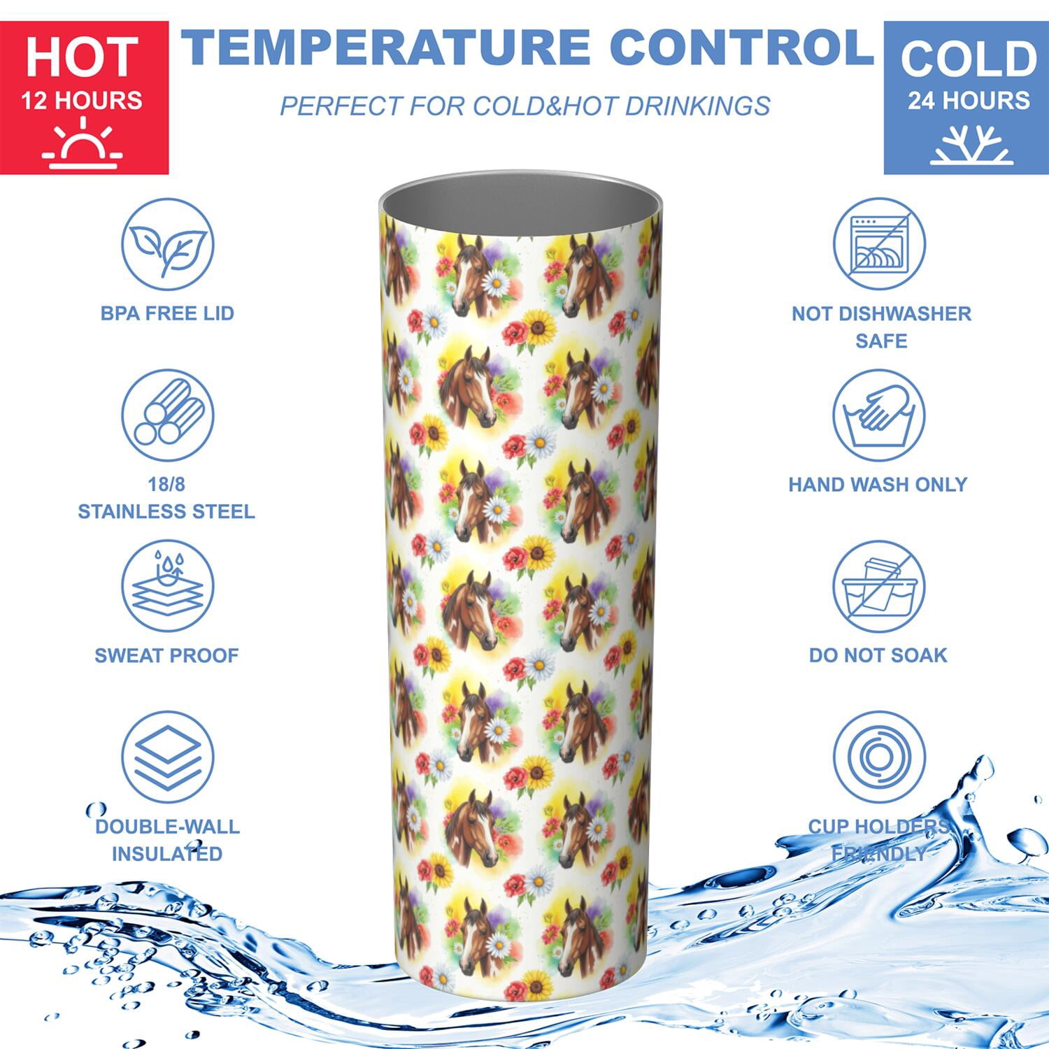 20oz Stainless Steel Skinny Tumbler, Double Wall Travel Mug with Lid and Straw,Horse Floral Head Colorful Pattern