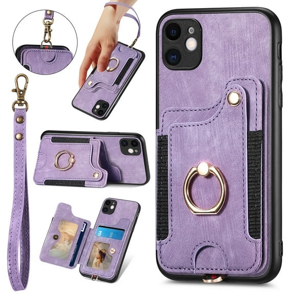 Nalacover For iPhone 12 Mini Case Ring Holder Kickstand with Credit Card Holder, Back Flip Premium Leather Magnetic Clasp Removable Wirst Hand Strap Cover For iPhone 12 Mini, Purple
