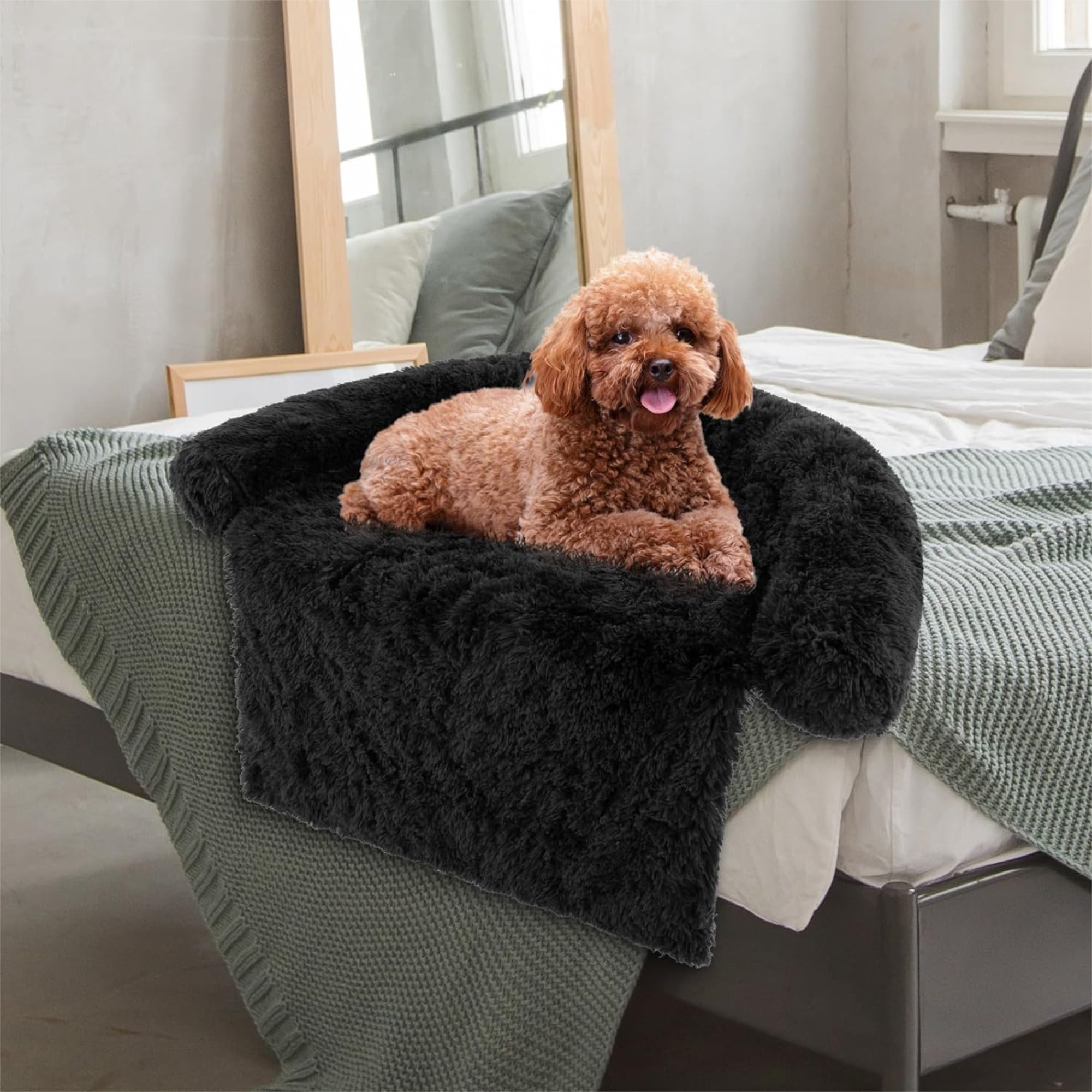 Kadyn 47" Plush Long Fur Dog Couch Bed, Dog Bed Mats with Anti-Slip Bottom, Washable Removable Couch Cover, Perfect for Medium and Large Dogs Cats, Black-L