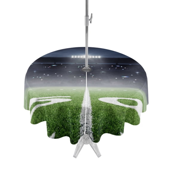 Outdoor Tablecloth with Umbrella Hole for Patio/Picnic/Party/Camping, Sports Theme Waterproof Table Cloth Round Cover Washable, Football Field Lights Green Grass White Text (Dia 54")