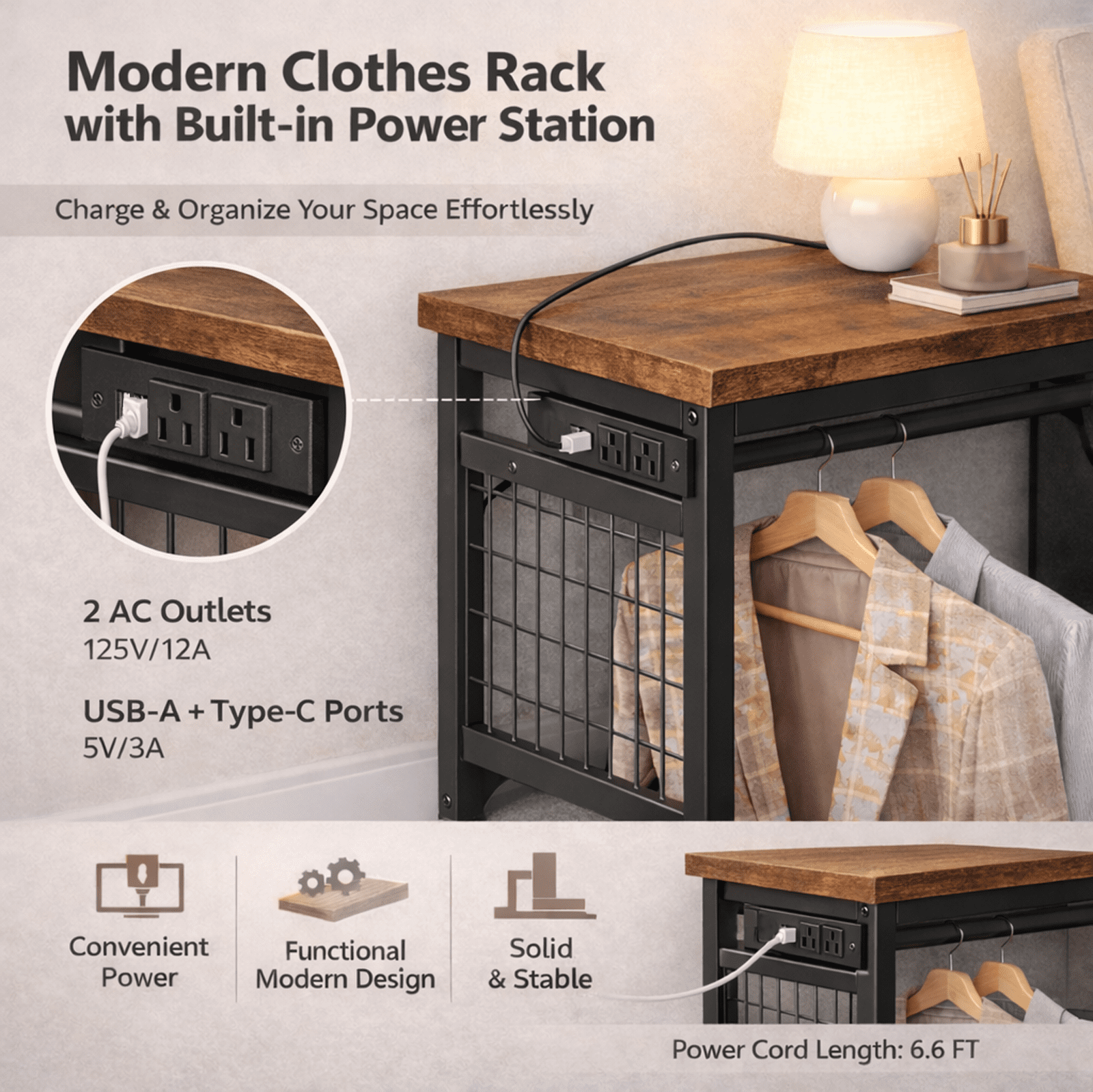 Simple Deluxe Storage Clothes Rack with 6 Drawers, Charging Station & LED Lights, Fabric Chest Shelves Clothing Rack, Wooden Portable Wardrobe Closet, 49.2" W x 15.7" D x 47.2" H, Brown