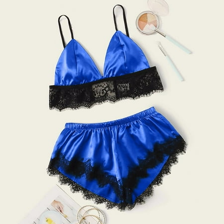 Dihao Womens Pajama Sets Womens New Sexy Lace Lingerie Silk Sling Bra with Underwear Pants Two Piece Set High Waistes Elastic Lounge Set Homegown