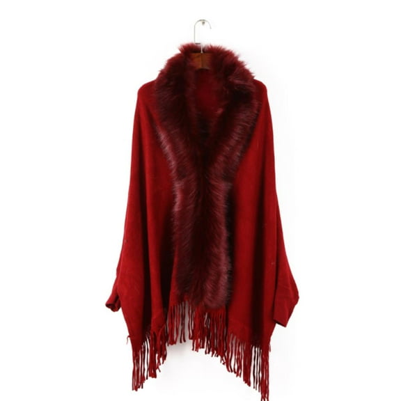 WE-POLUJ Winter Vintage Poncho Capes Tassel Blanket Shawl Wrap Warming Coat Trim Hood Poncho Faux Fur Cape Wrap Shawl Coat