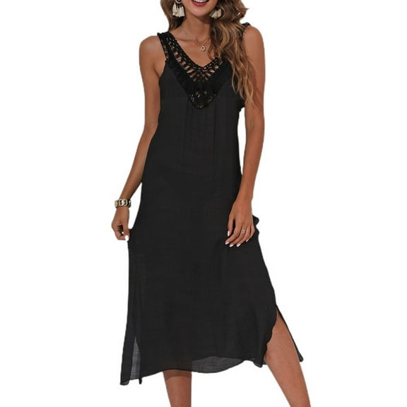 SWSMCLT Women's V Neck Cover Up Dress Tank Soft Fringe Crochet Coverups Light Sexy Beach Long Linen Black Small