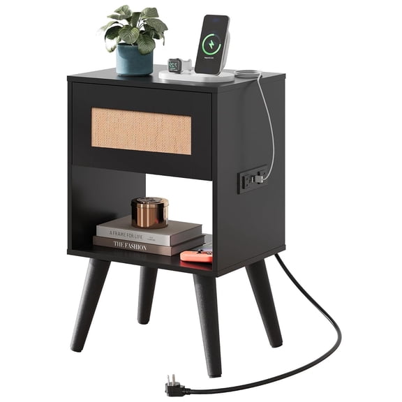 GALAXHERO Rattan Nightstand with Charger Station, Small Drawer Storage Shelf Mid-Century Side Table for Bedroom, Rattan Decor, Compact Size, Black