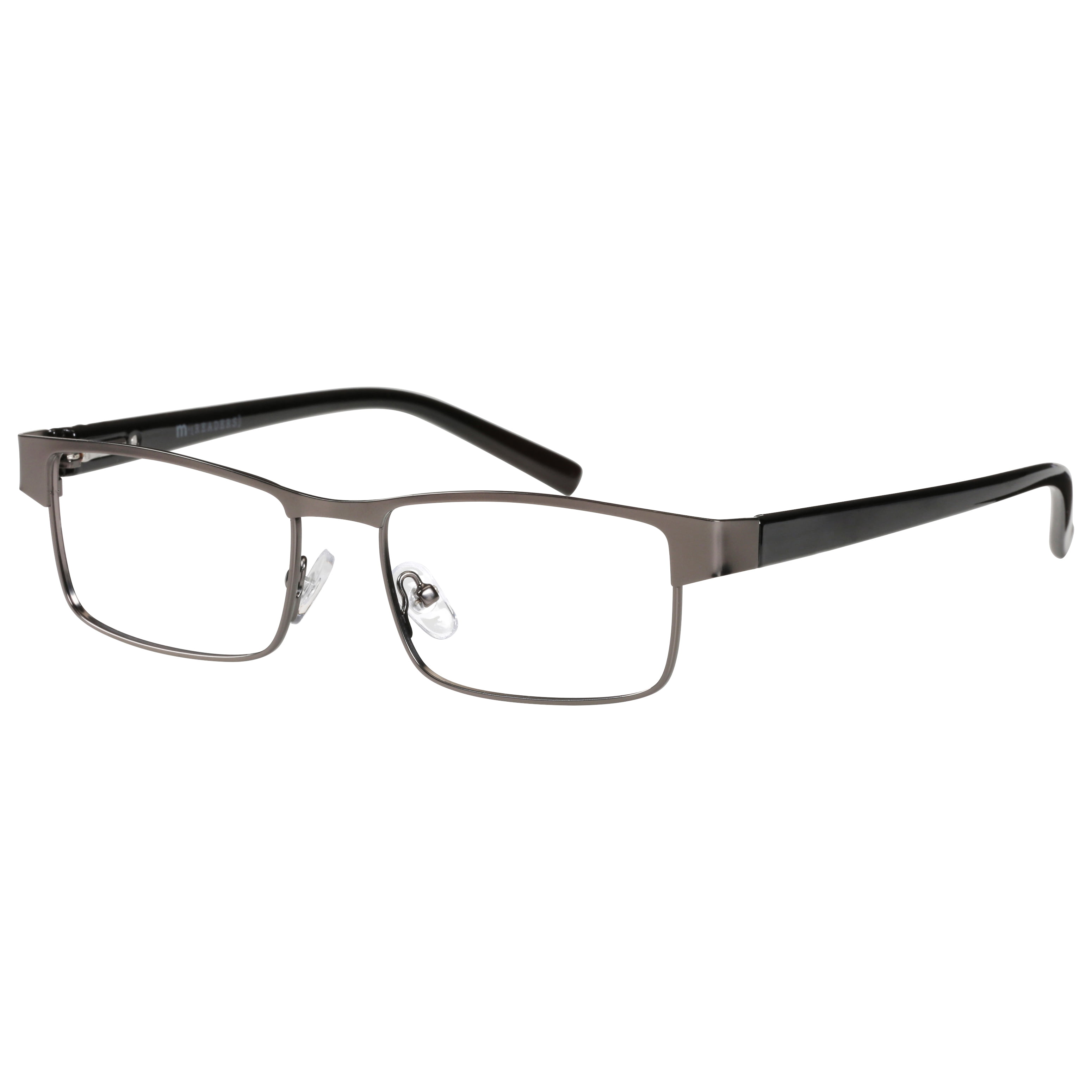 M+ Mens Rectangular Flat Metal Reading Glasses Gun 1.50 Birch in Gunmetal with Classic Black Temples