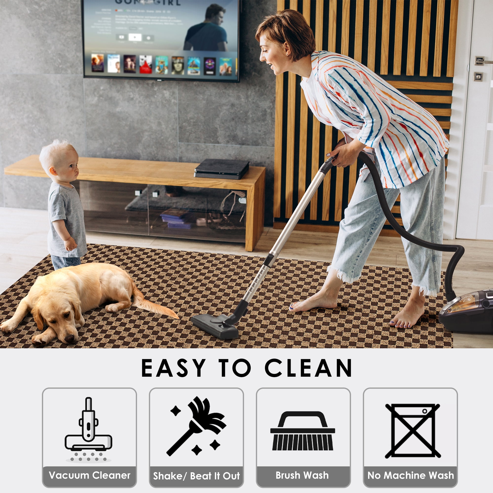 Koloko Runner Rugs Outdoor Indoor Non-Slip Area Rug Long Carpet Runners with Rubber Backing Mat Custom Size for Hallway Kitchen Entryway Garage, Brown Checkred, 4' x 8'