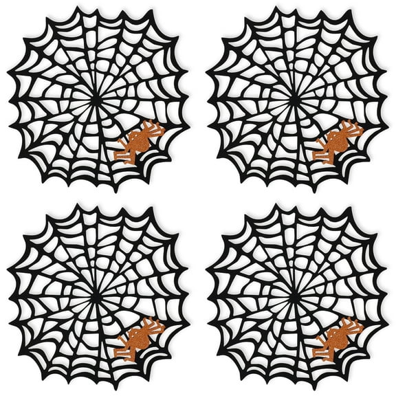 BVIEAKD Feuille Round Halloween Placemats Set of 4 13.5 Inch Black Spider Web Placemats with Orange Glitter Felt Spider Placemats Perfect for Halloween Decorations Indoor
