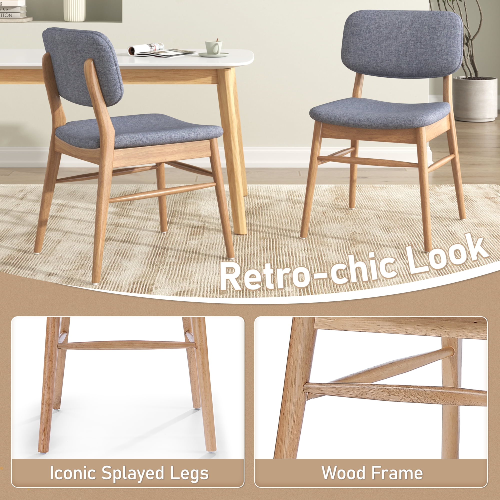 Euroco Wooden Dining Chairs Set of 2, Mid-Century Modern Upholstered Kitchen Side Chairs with Rubberwood Frame for Home,Natural+Grey