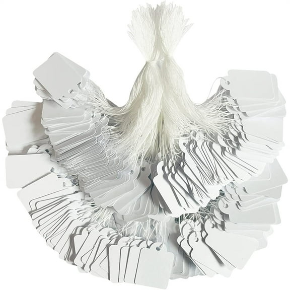 NOGIS 500pcs Price Tags with String Attached White Marking Tag Small Paper Price Labels Clothing Hanging Stickers Blank Labeling Strung Label Hang Tags for Pricing Jewelry Yard Sale Retail