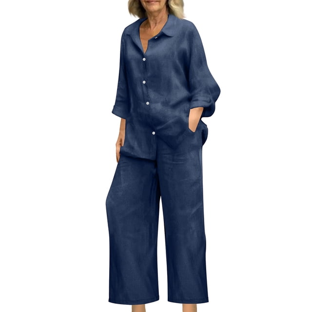 Miqool 2 Piece Sets for Women Summer Tracksuits Button Down Oversized Shirts and Wide Leg Long Pants Two Piece Lounge Sets Matching Outfits with Pockets