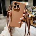 thumbnail image 2 of Crossbody Strap Lanyard Solid Color Phone Case For iPhone 15 14 13 12 11 Pro Max Plus XS X XR Silicone Soft TPU Back Cover Brown For iphone 15 Plus, 2 of 6