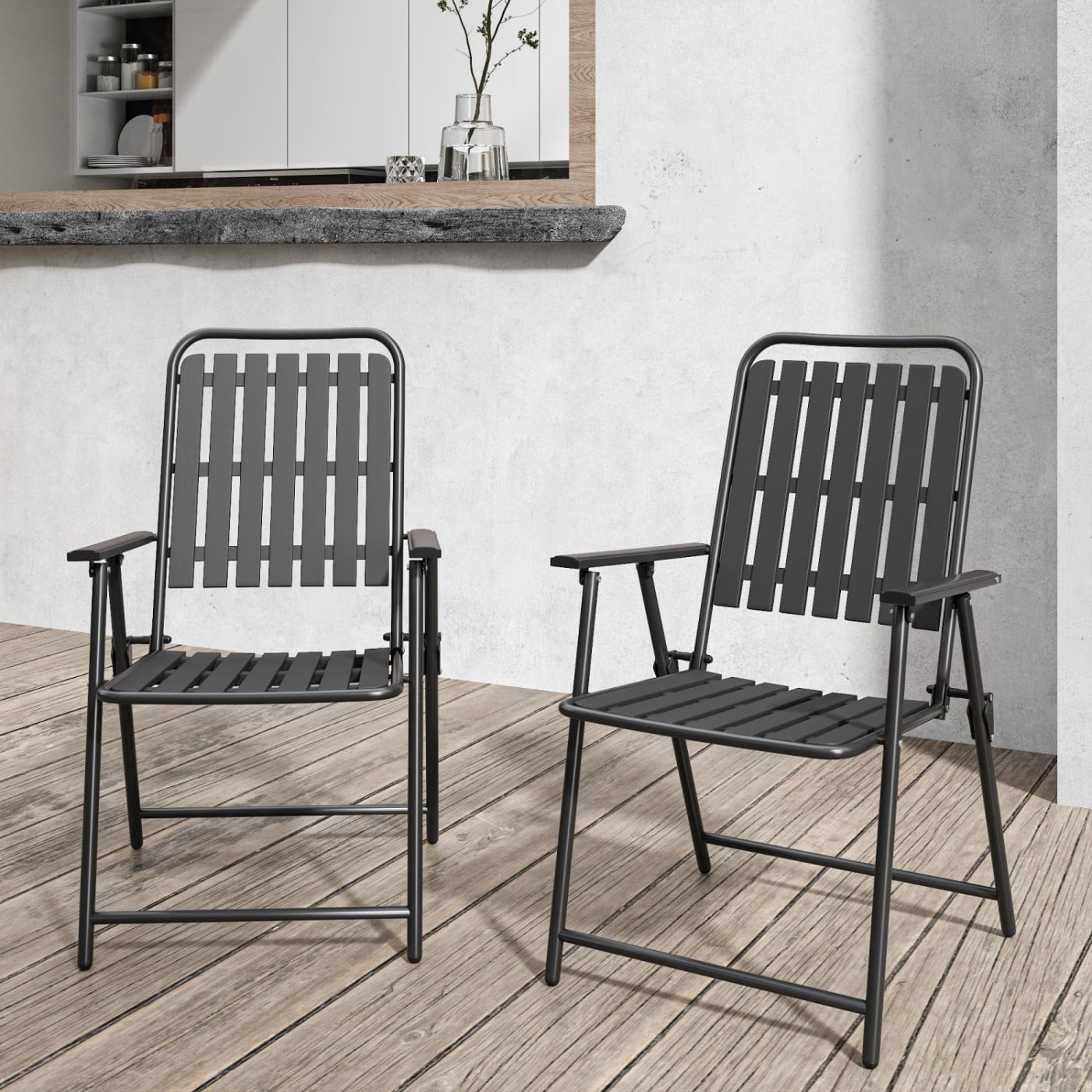 Folding Chairs Set of 2, 350 lb Capacity Outdoor Chairs with Powder-Coated Metal Frame & WPC Slatted Seat, No Assembly, Antique Black