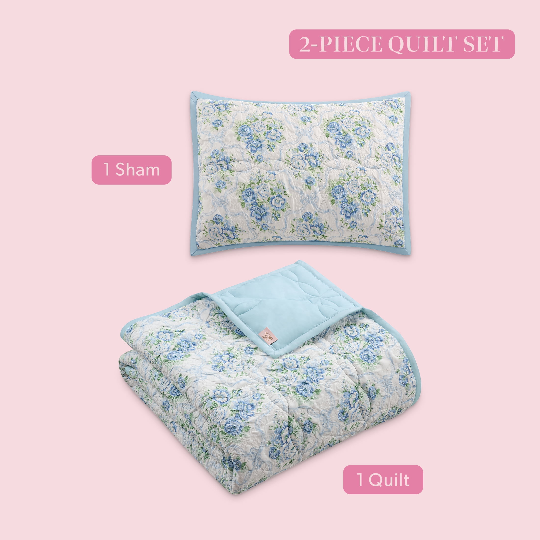Paris Hilton Coquette Blue Floral Quilt Set, Twin, Reversible 2-Piece Bedding, Lightweight