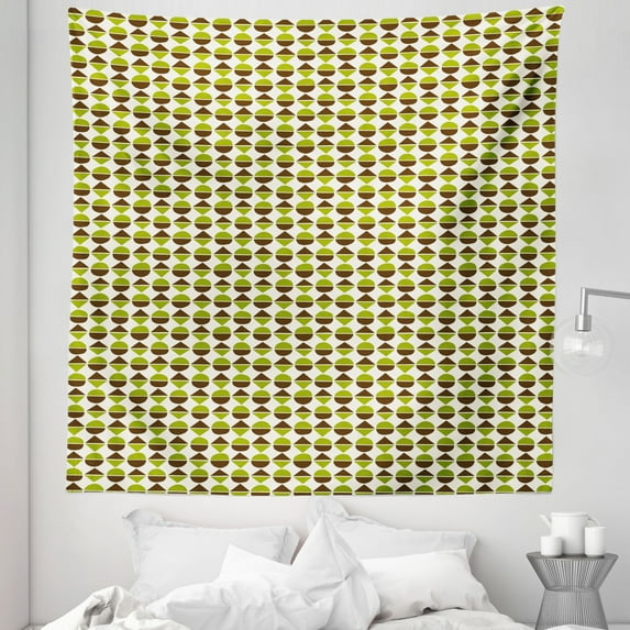 Geometric Tapestry, Abstract Simple Repetition with Bicolour Rounds and Triangles, Fabric Wall Hanging Decor for Bedroom Living Room Dorm, 5 Sizes, Yellow Green Chocolate, by Ambesonne