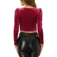 thumbnail image 3 of INSPIRE CHIC Crop Velvet Top for Women Casual Square Neck Long Sleeve Blouse Red L, 3 of 5
