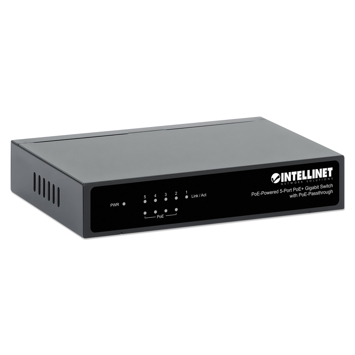 Intellinet PoE-Powered 5-Port Gigabit Switch with PoE-Passthrough | 60W, Rear-facing Ports, Fanless, Desktop Format, Wall-mount Option | NDAA-compliant