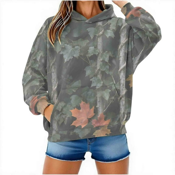 Womens Camo Hoodies Oversized Maple Leaf Fleece Pullover Sweatshirts Long Sleeve Unisex Mens Shirts Tops, 3XL Camouflage