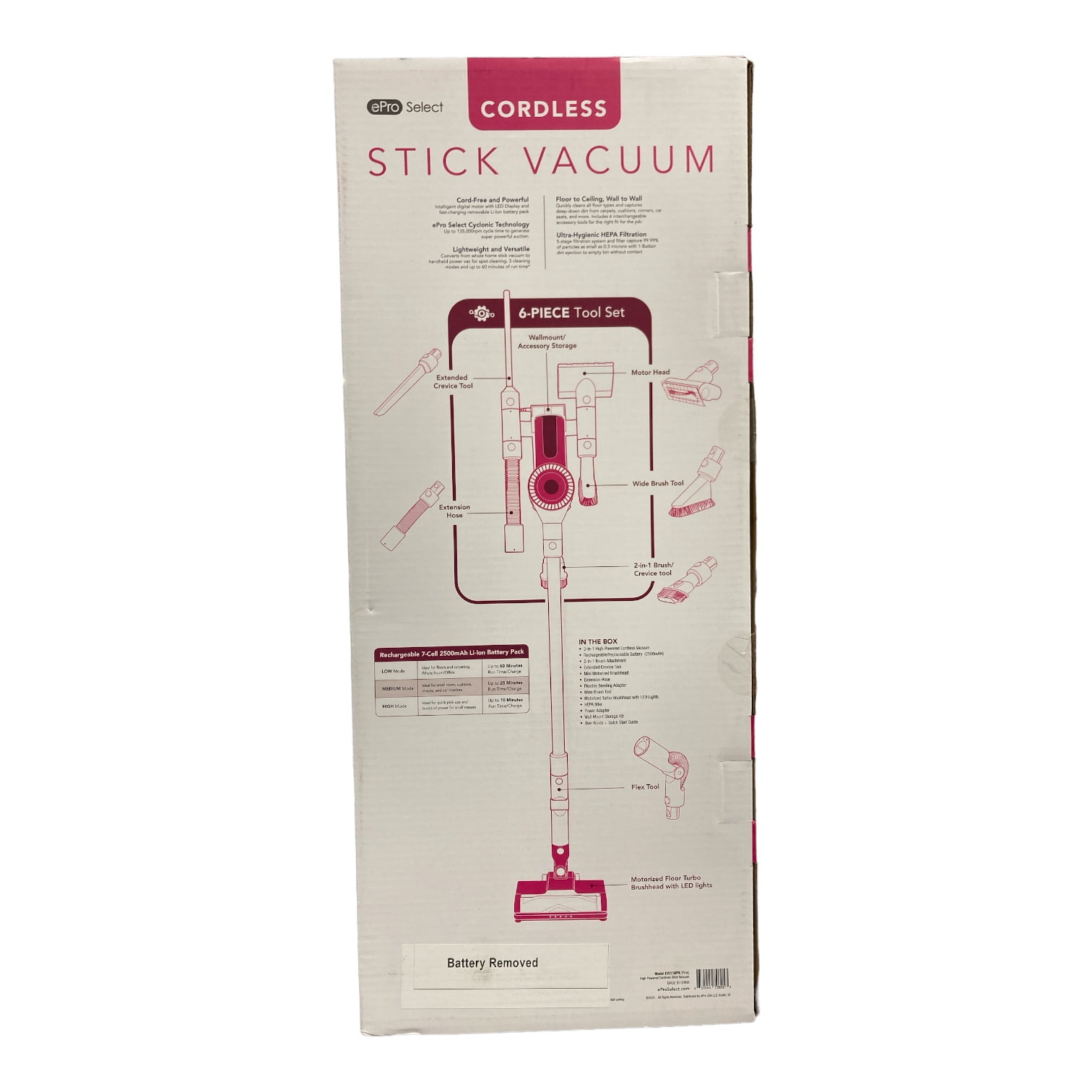 ePro Select Cordless Stick Vacuum Cleaner with Brushless Motor, Pink