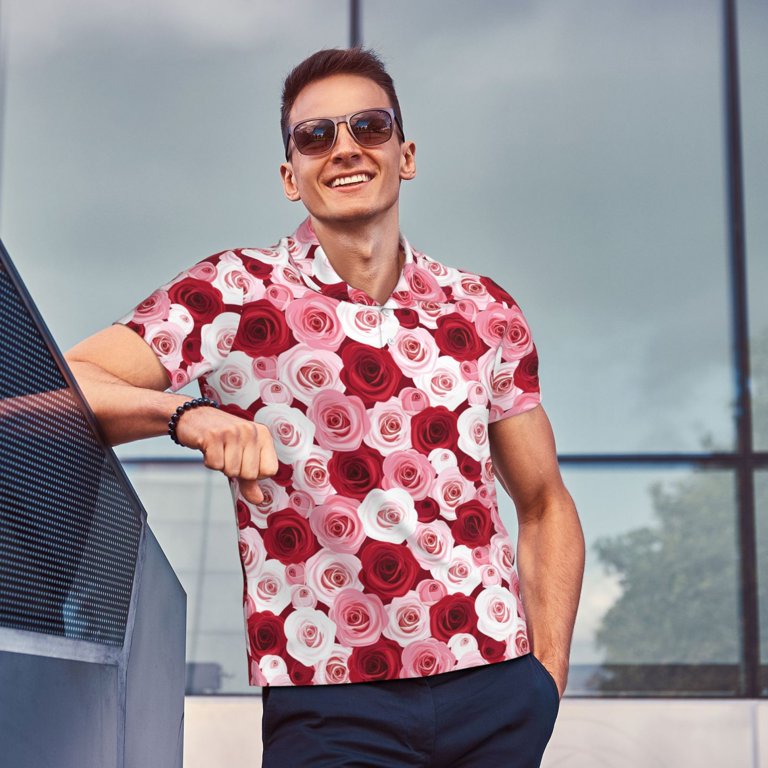 Kdxio Rose Print Men's Short Sleeve Polo Shirt,Midweight Men's