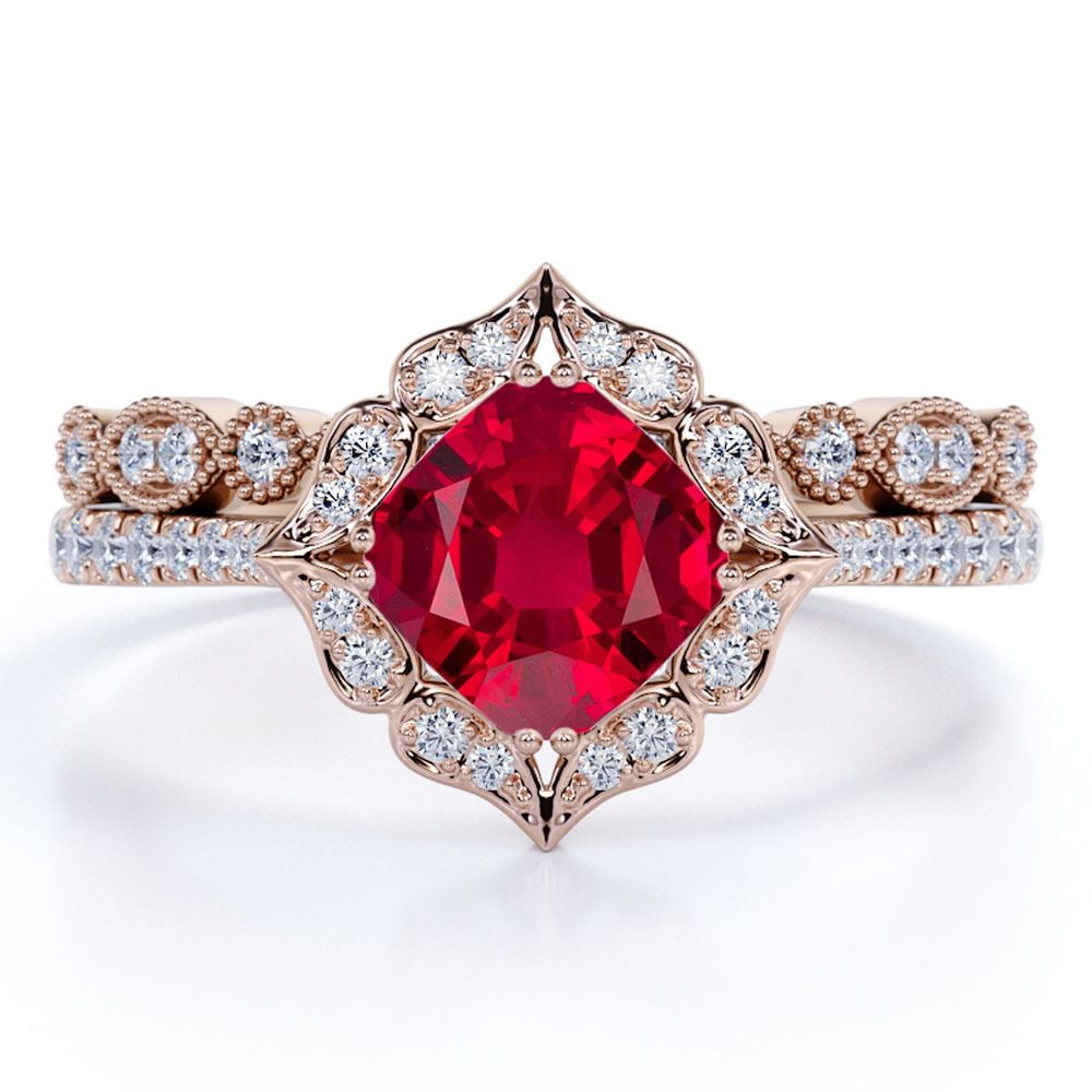JeenMata 1.75 Carat Pigeon Blood Princess Cut Lab Created Ruby Wedding Set - Pave Ring Band - 18k Rose Gold over Silver