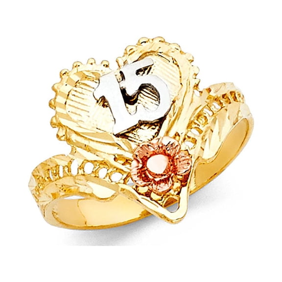 Quinceanera 15 Heart Ring Solid 14k Yellow White Rose Gold Quince V Shape Flower Band 16MM Size 7