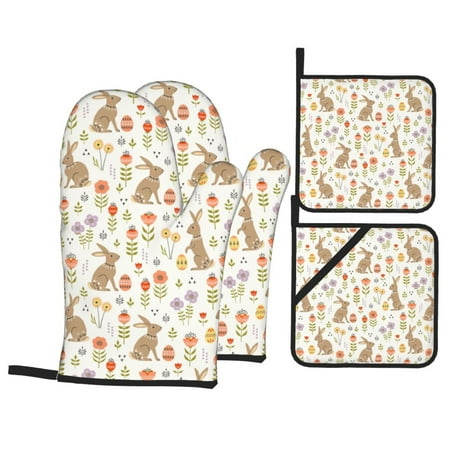 

Oven Mitts and Pot Holders 4 pcs Set Bohemian Cute Rabbit Flower_B Heat Resistant Pot Holders Oven Mitts for kitchen Non-Slip Hanging Loop Oven Glove Potholders for Baking Cooking
