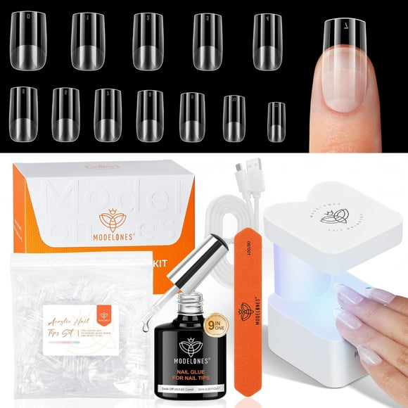 Kit de puntas de gel para uñas, modelo Short Square, con lámpara UV, 216 unidades