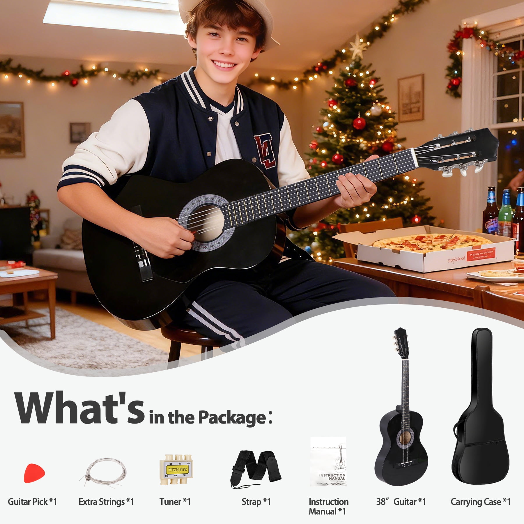 SuperDeal 38-Inch Round Shoulder Acoustic Guitar Kit 6 Strings Full Size Classic Beginners Children Adults All-Solid Wood with Carrying Case, Strap, Tuner and Pick, Black
