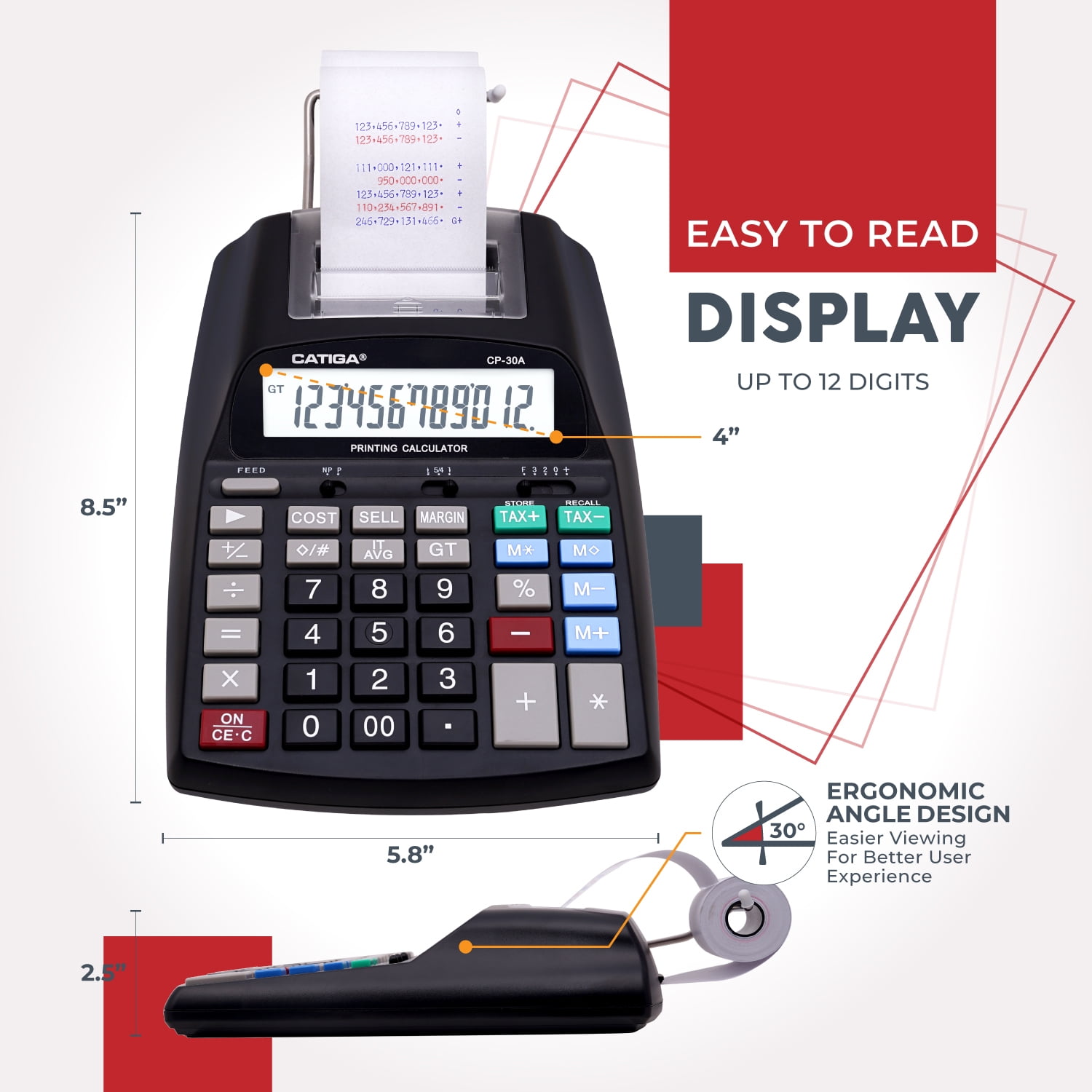Commercial Printing Calculator, 12-Digit LCD Display, 2.03 Lines/Second, Two-Color Printing, AC Adapter (Black)