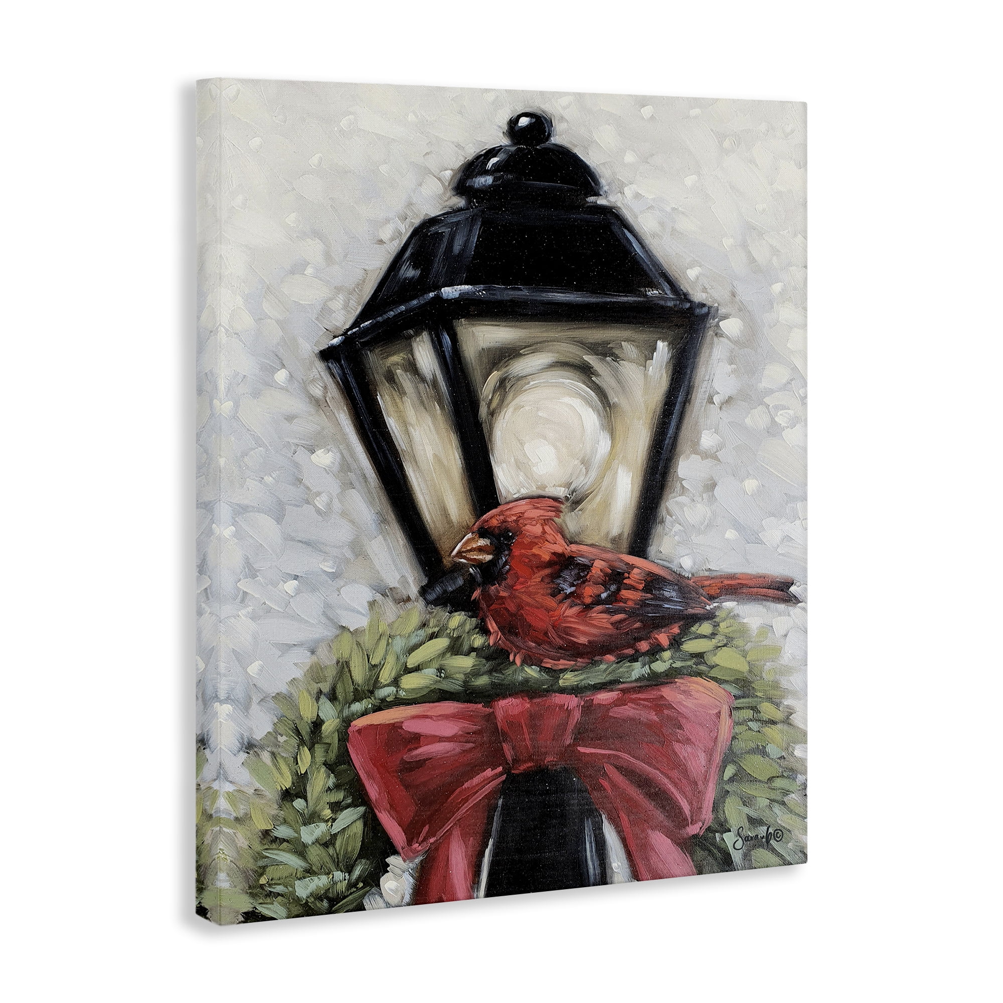 Stupell Industries Cardinal & Holiday Lamp Holiday Painting Gallery Wrapped Canvas Art Print Wall Art, 30 x 40