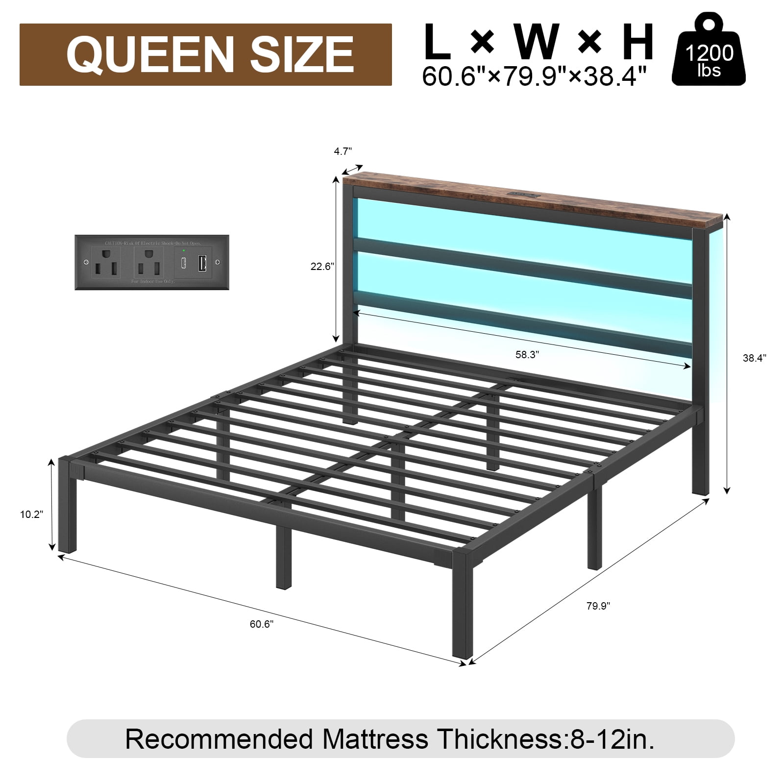 E-motie Queen Size Bed Frame with Storage Headboard, Heavy Duty Platform Bed Frame with Charging Station and LED Light, Easy to Assemble, No Box Spring Required, Black