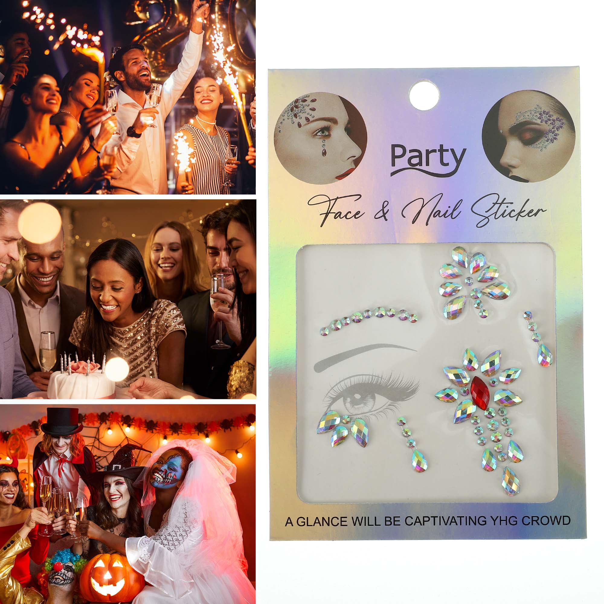 NOMADIC NOOK Eye-catching Face Rhinestone Stickers White Purple Red 2 Pcs