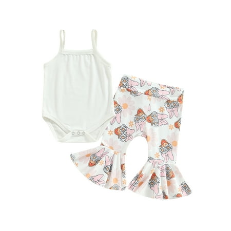 

Toddler Newborn Baby Girls Summer Outfits Sets Solid Color Sleeveless Romper + Floral Rabbit Print Flared Pants Holiday Clothes