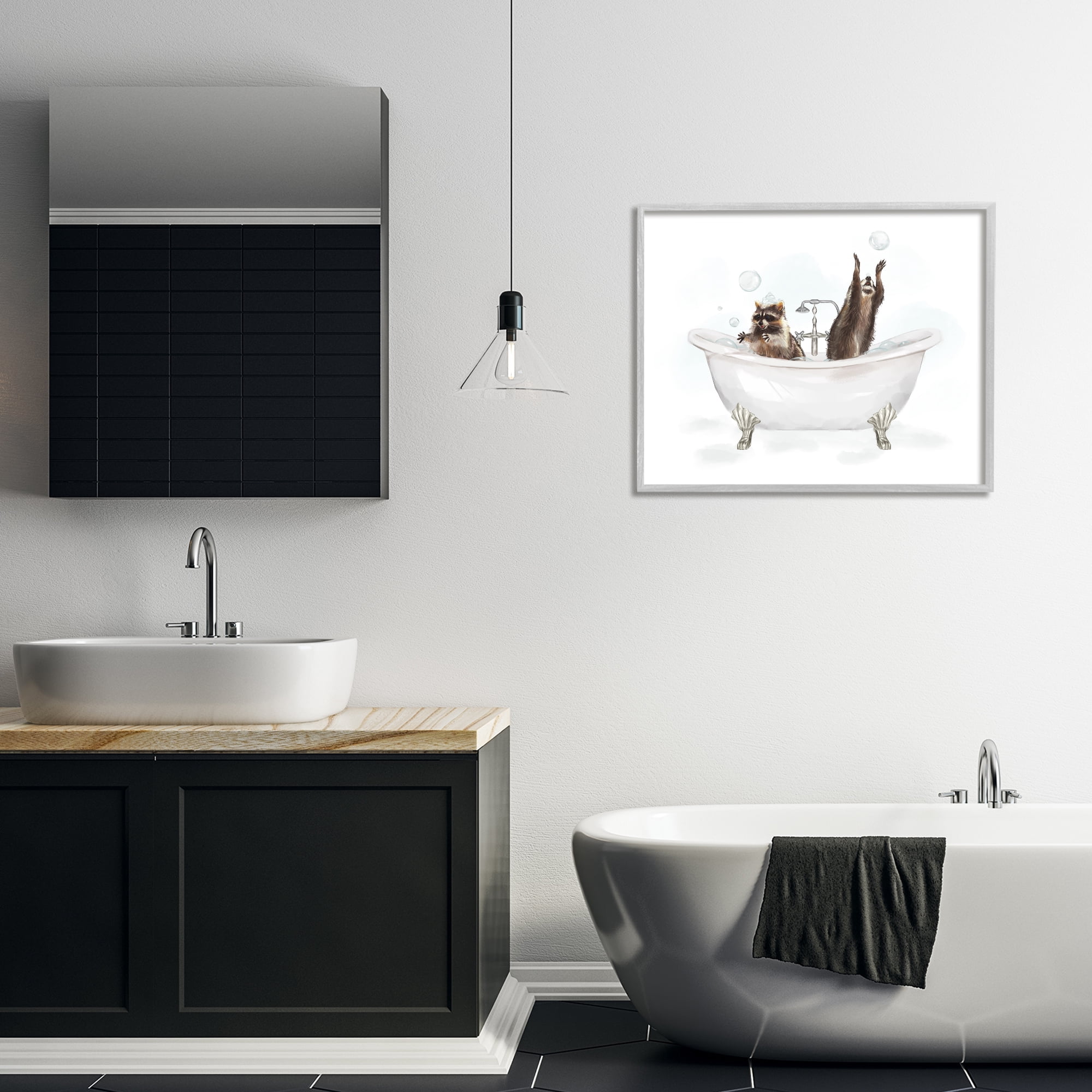 Stupell Industries Raccoons Catching Bubbles Typography Painting Gray Framed Art Print Wall Art, 30 x 24
