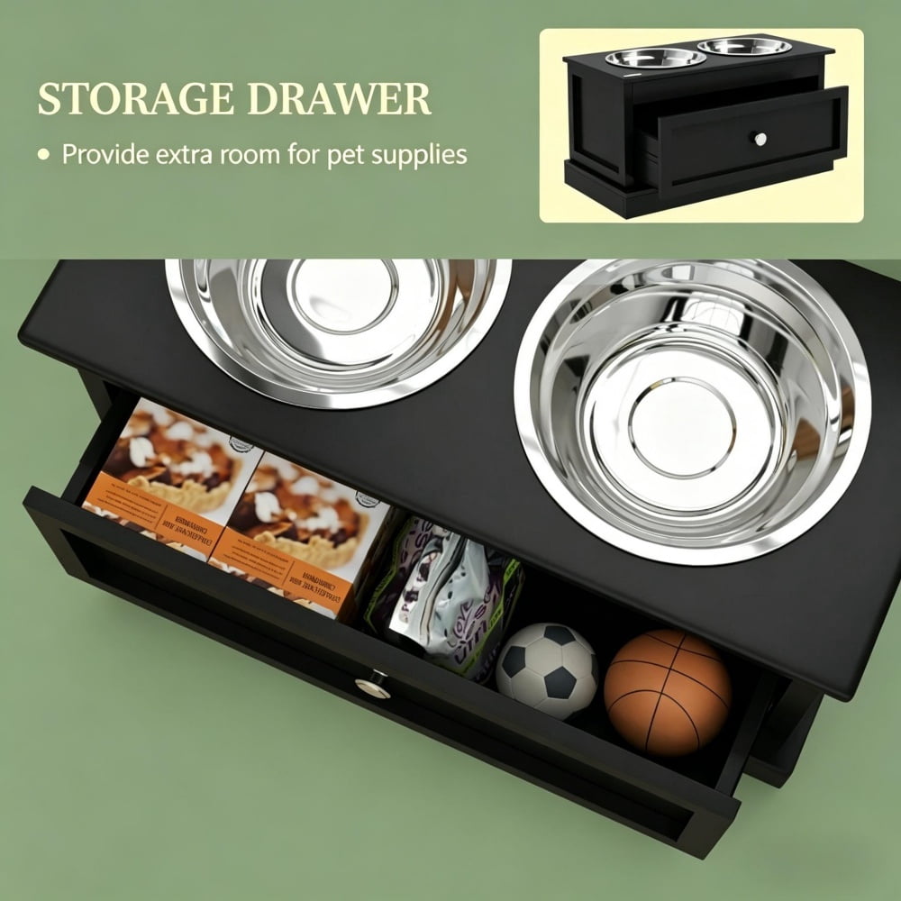 Elevated Dog Bowls with Storage Drawer, Raised Pet Feeder Stand with Dishwasher Safe Stainless Steel Bowls, Modern MDF Feeding Station in Black for Large Dogs