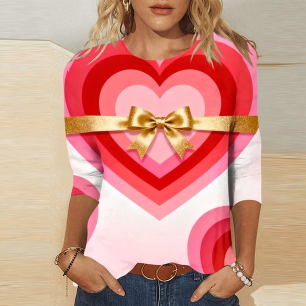 Xuyuer Womens Valentine T Shirts Love Heart Printed Graphic Tee Tops Spring Shirts Halloween Round Neck 3/4 Length Sleeve Graphic Tee Tops Fashion Casual Printed T-Shirt Top