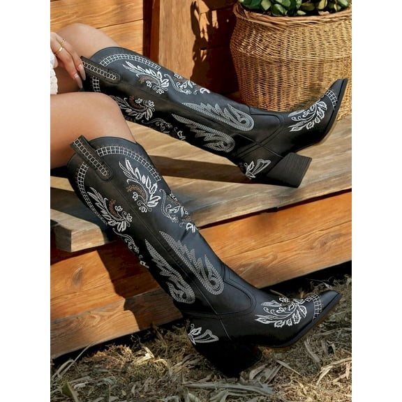 Women's Western Cowgirl Boots, Pointed Toe, Embroidered Design, Thick Heels, Knee-High Fashion Riding Boots for Outdoor Use