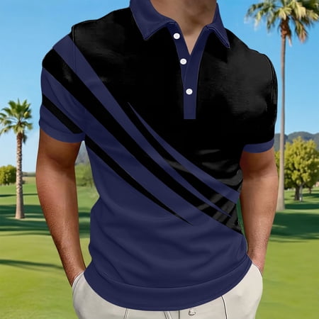 BRGZLK Mens Golf Shirt Summer Trendy Print Short Sleeve Turn-Down Collar Pullover Casual Business T-Shirts Lightweight Breathable Tennis Shirts Navy 3XL