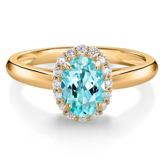 Gem Stone King 10K Yellow Gold Blue Apatite and White Lab Grown Diamond Halo Engagement Ring for Women (0.95 Cttw, Gemstone, Oval 7X5MM, Size 6)