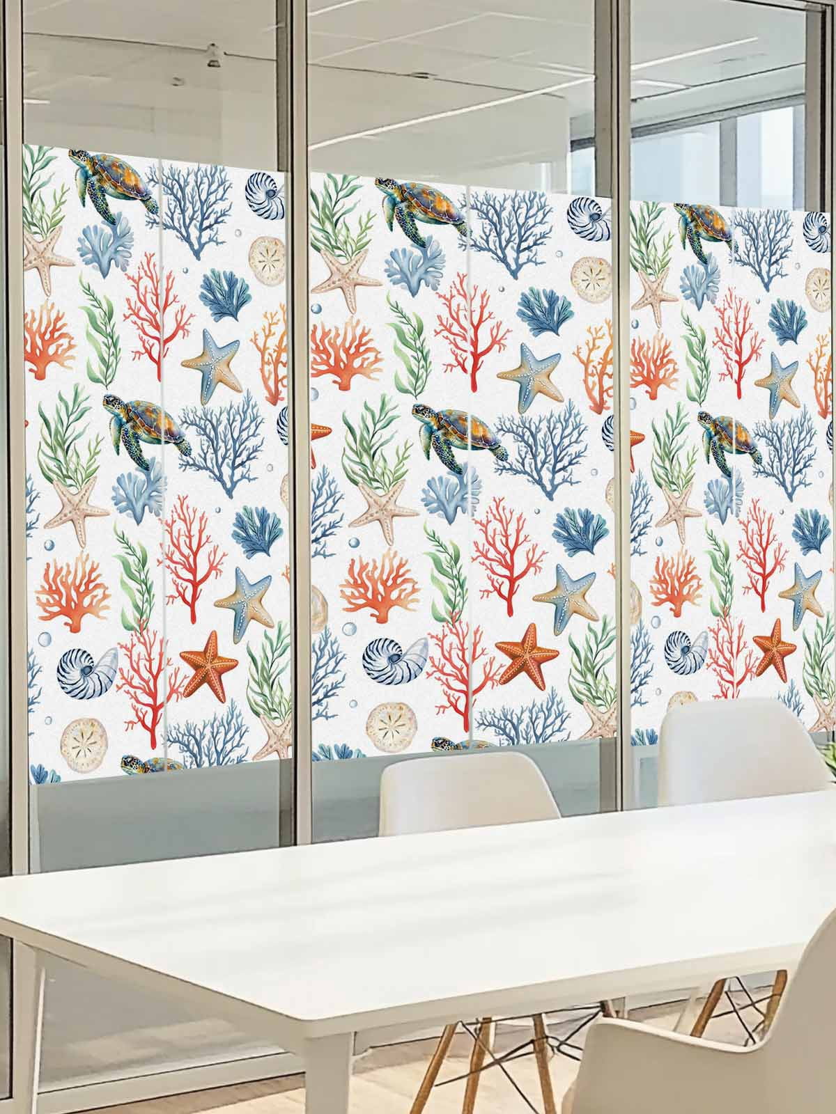 Summer Ocean Window Privacy Film, Nautical Coastal Sea Turtles Shells Corals Starfish Frosted Glass Window Clings Static Cling UV Heat Blocking Reusable Door Sticker for Bathroom 23.6 x 59 Inch