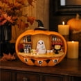 thumbnail image 4 of Halloween Pumpkin Ghost Bartender Figurine, 8.7-Inch Mini Bar Scene with Concealed Warm LED Lights, Hand-Painted Resin Ornament with Witch Hat Spiderweb Details for Nightstand Counter Window Display, 4 of 7