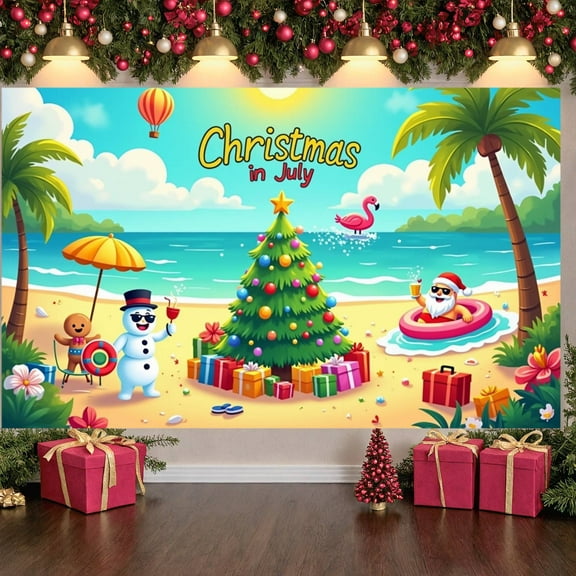 Tropical Christmas Banner Beach Theme July Display Colorful Decorations Christmas Tree Design Holiday Backdrop for Summer Party July Celebration Beach Event