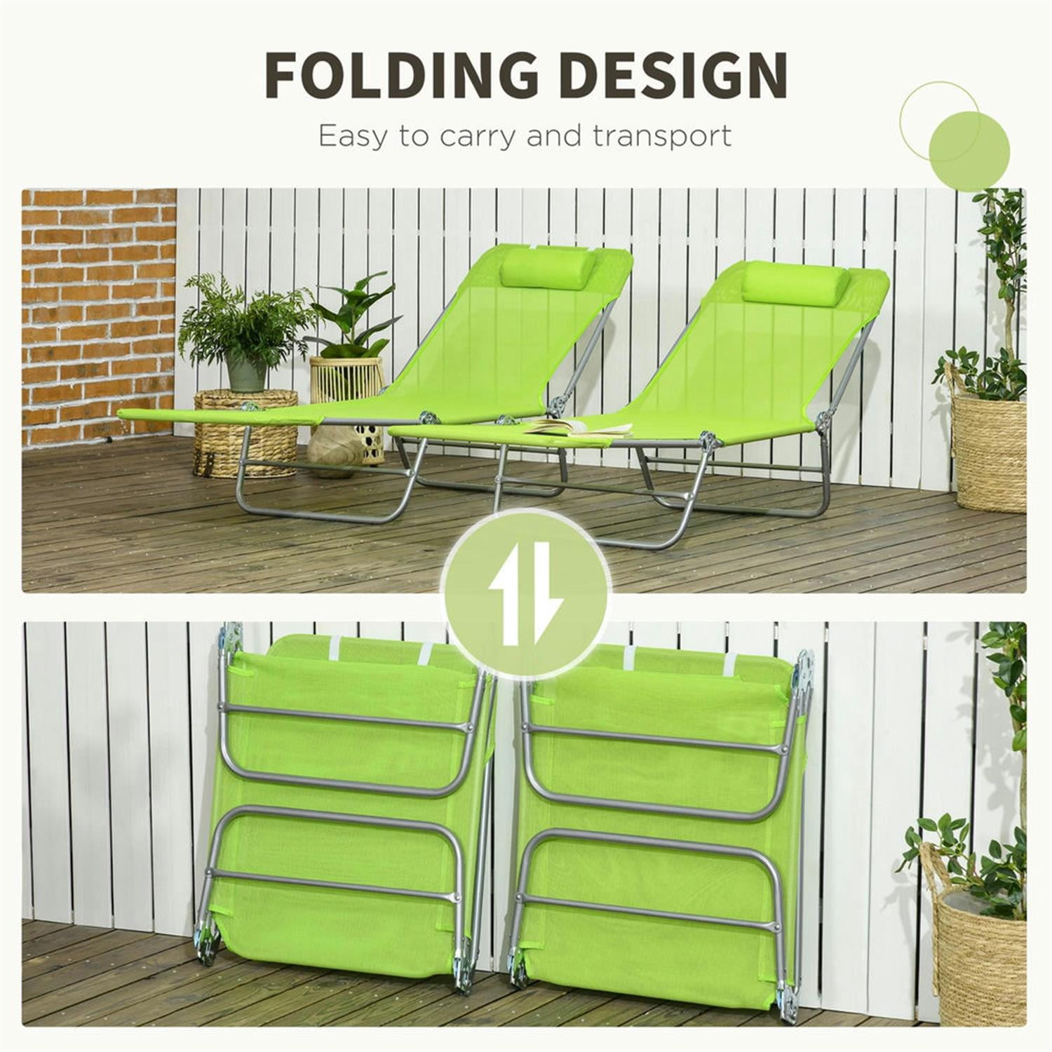 Demi Bonn 2-Piece Folding Reclining Chaise Loungers, Outdoor Mesh Sunbathing Seats with Headrest for Beach & Patio Relaxation, Green
