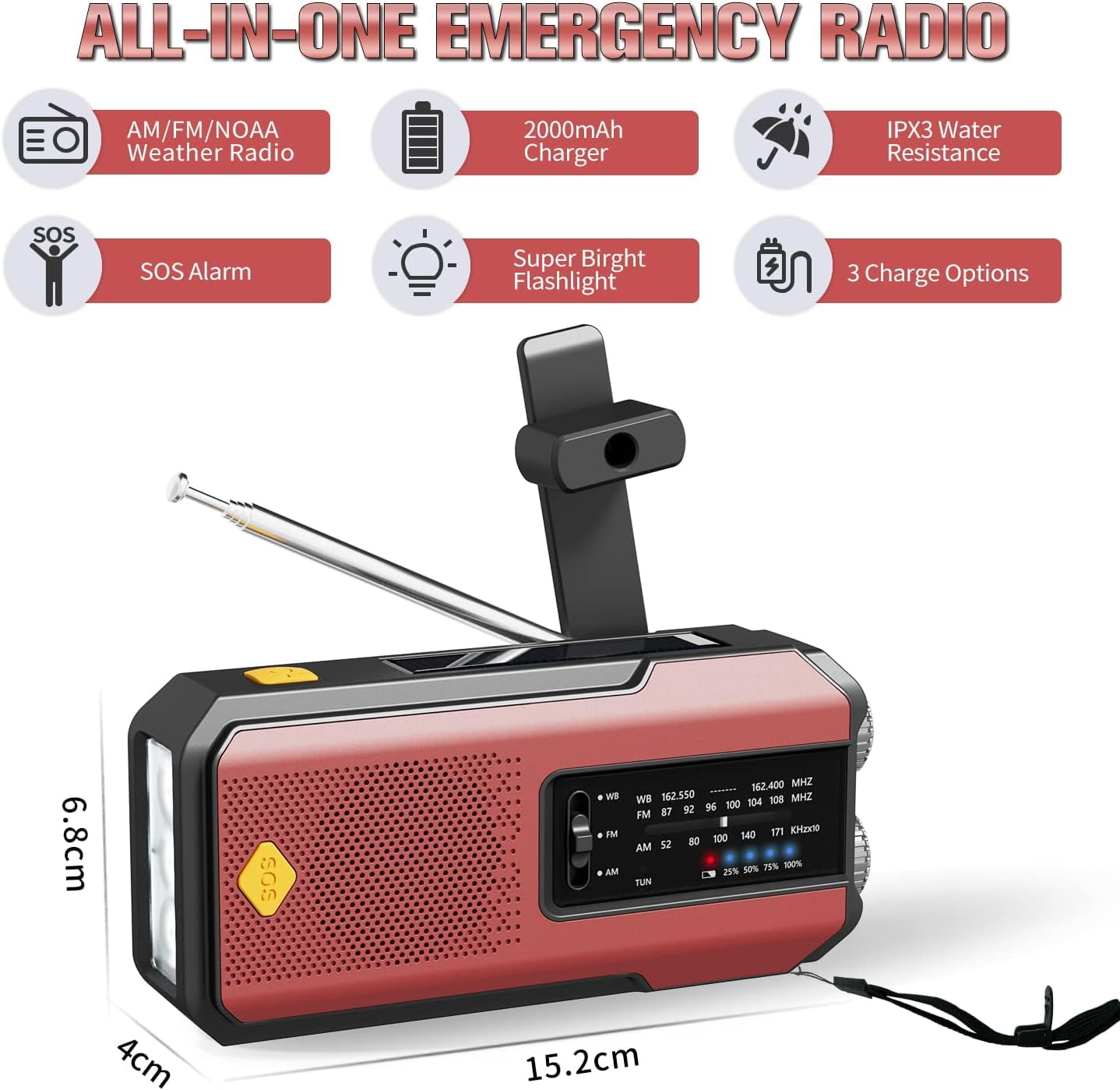 Newest Prociv Solar Emergency Wind Up Radio, Portable Hand Crank AM/FM Radio with SOS Alarm LED Torch, 2000mAh Rechargeable Power Bank USB Phone Charger Flashlight for Camping (Red)