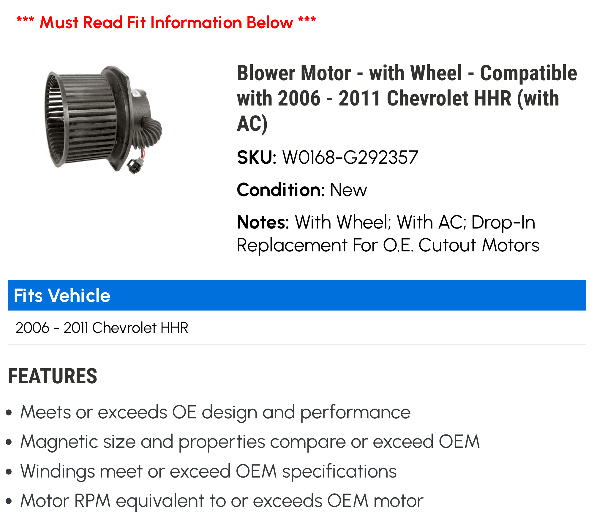 Blower Motor - with Wheel - Compatible with 2006 - 2011 Chevy HHR (with AC) 2007 2008 2009 2010